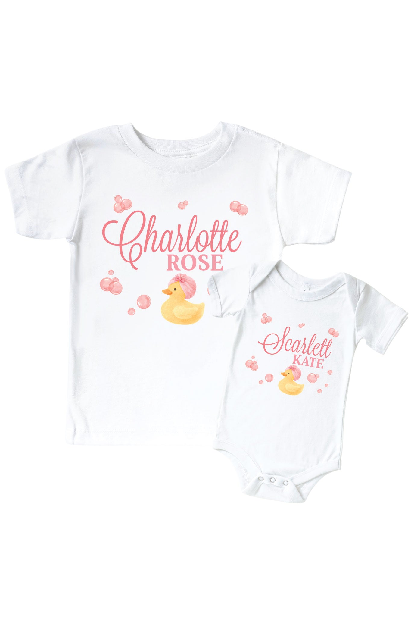 Personalized Bubble Duckie Pink Graphic Bodysuit & Kids Tee | White