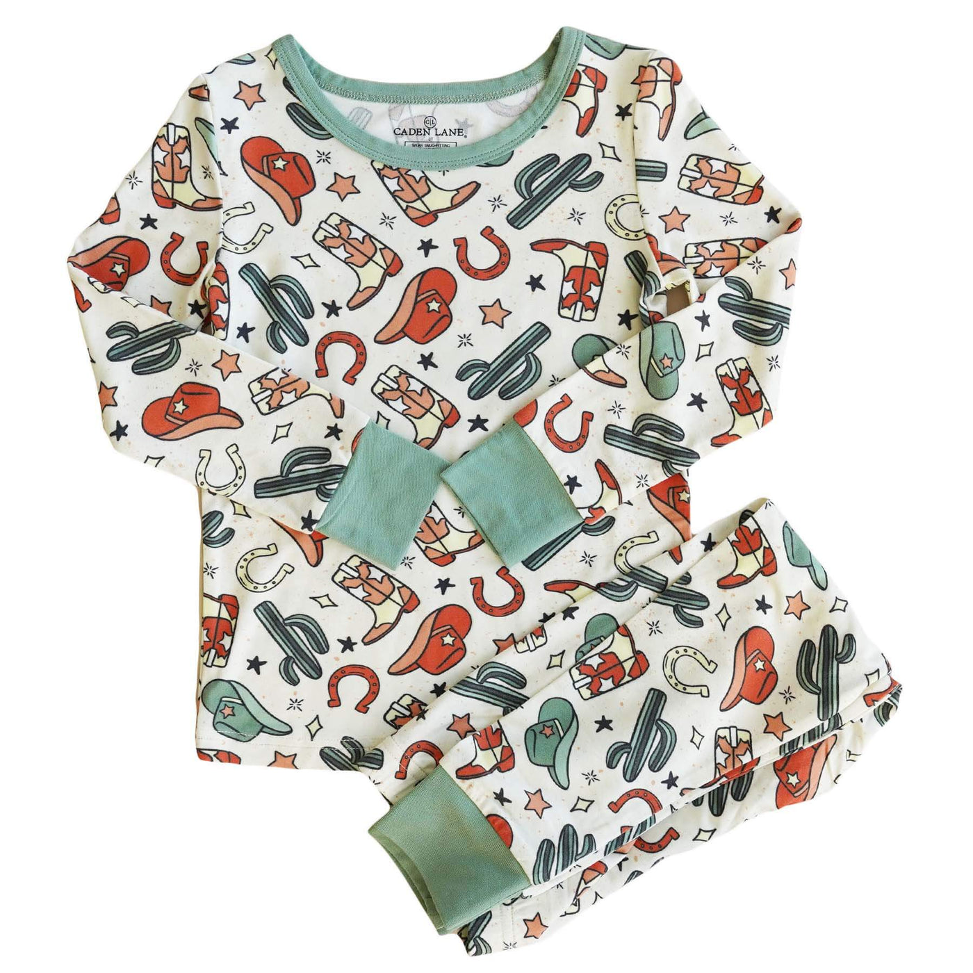 green and orange two piece pajama set for boys cowboy themed
