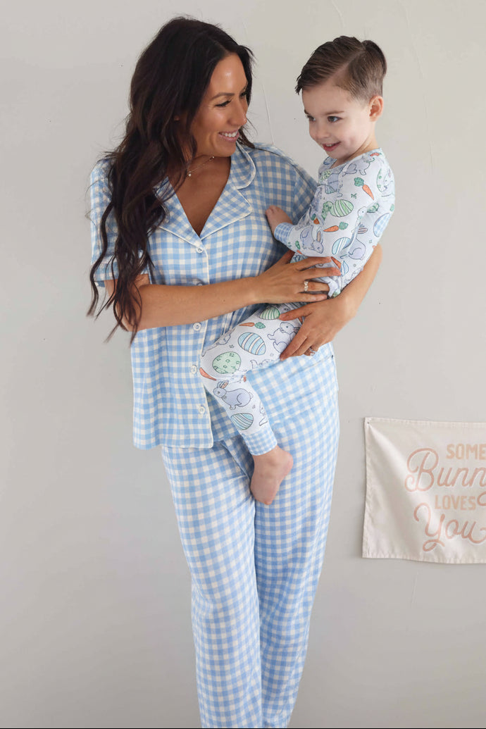 mom and son easter matching lounge set in blue gingham and hoppy easter 