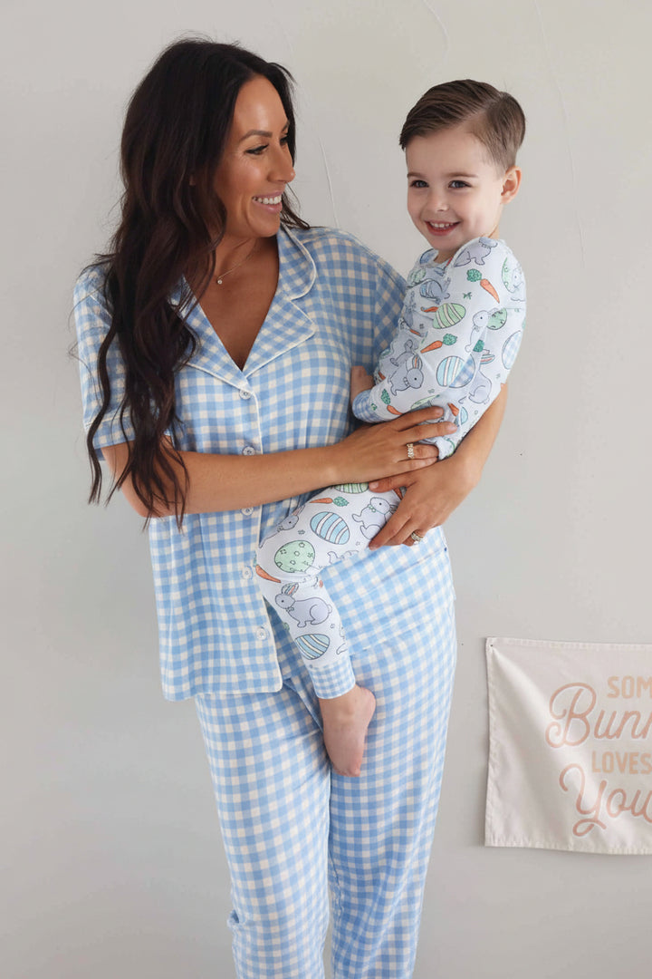 women's short sleeve collared lounge set in blue and white gingham for easter that matches blue hoppy spring print 