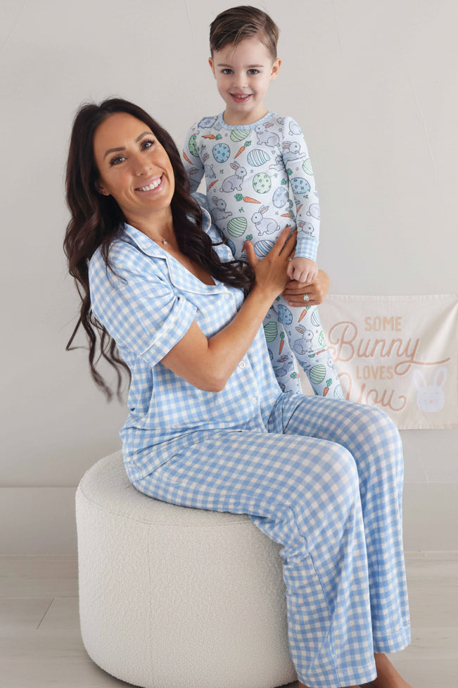 mom and son easter lounge set in blue and white gingham and hoppy spring 