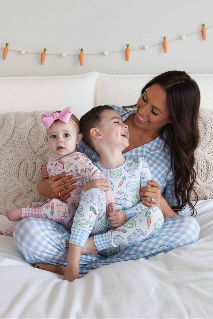 family matching easter pajamas in hoppy spring and gingham 
