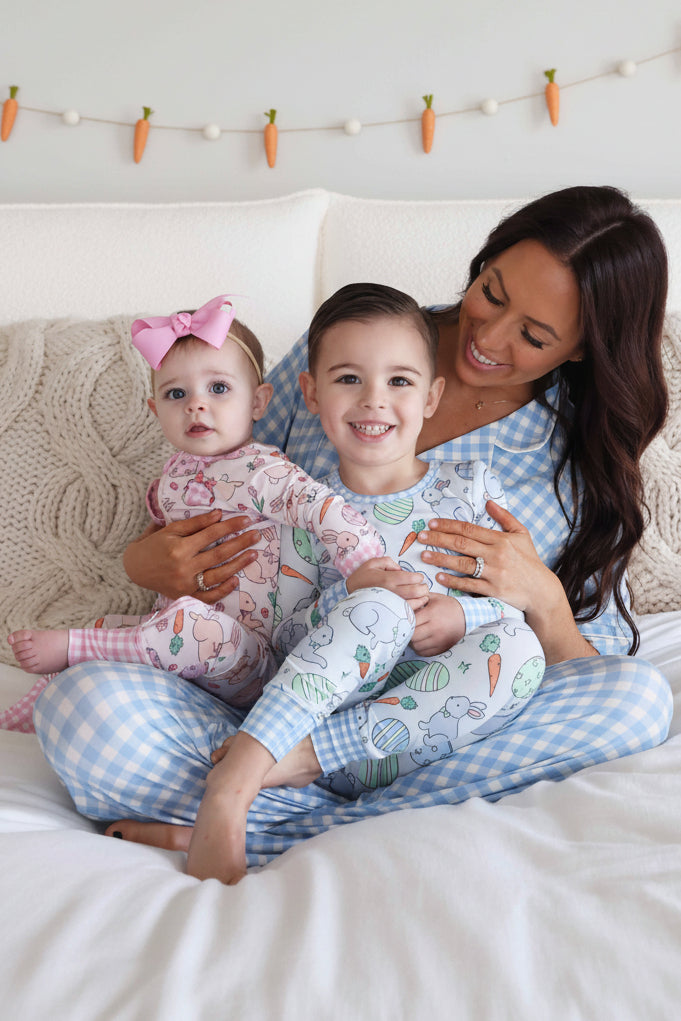 bunny and easter egg pajamas for kids with a matching blue gingham lounge set for mom 
