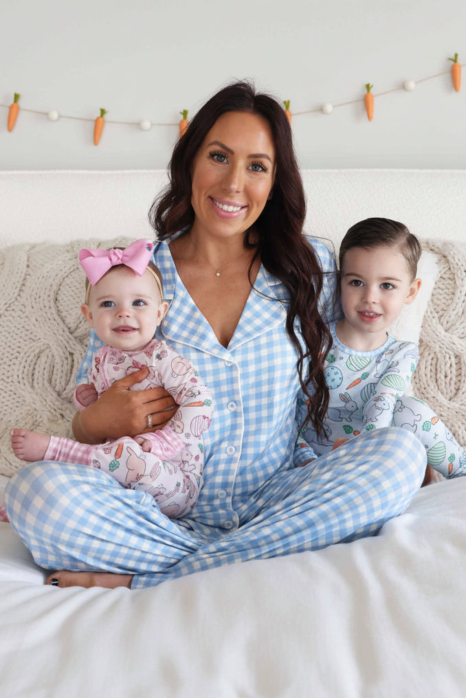 blue gingham lounge set for mom with matching options for kids for easter 