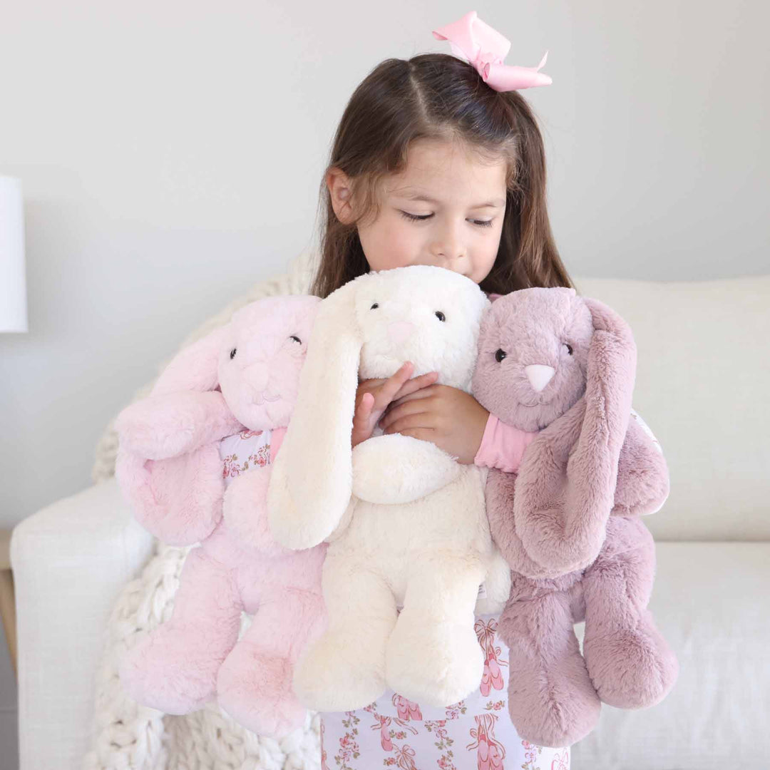 light pink, white and purple stuffed animal bunnies for kids 