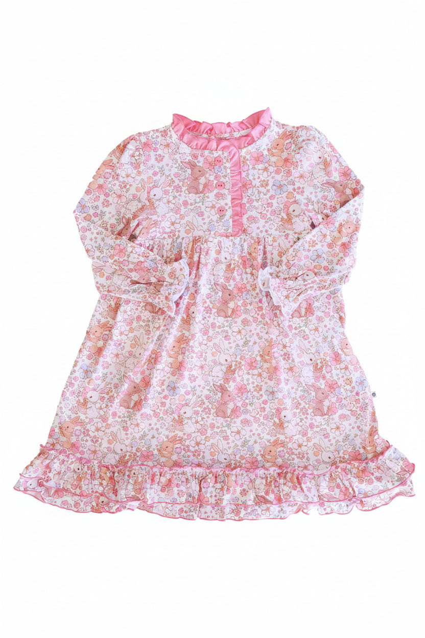 girls ruffled easter nightgown with bunnies and dainty flowers 