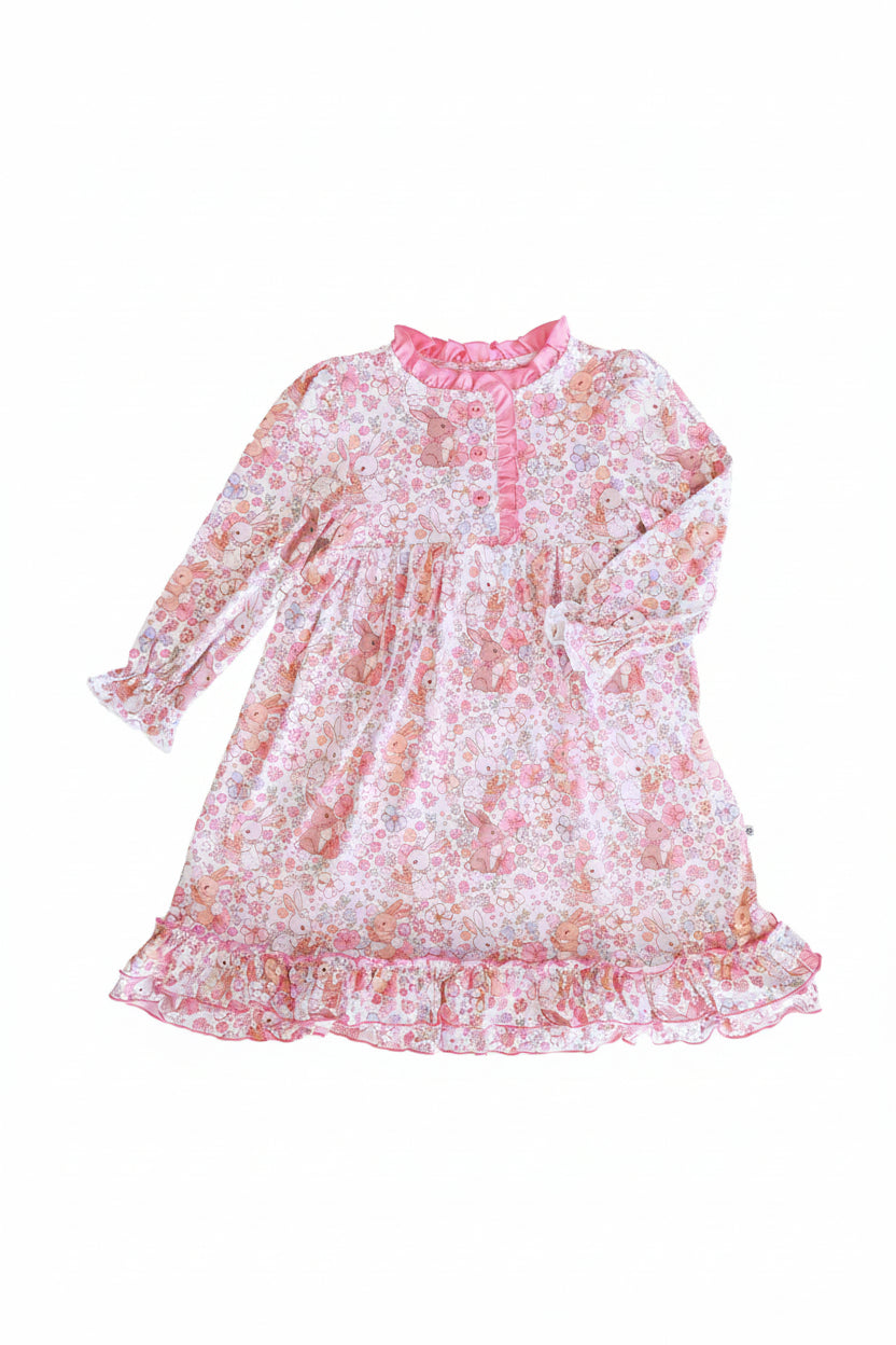 pink ruffle neck, sleeve and trim long sleeve bunny blossoms easter nightgown for girls 