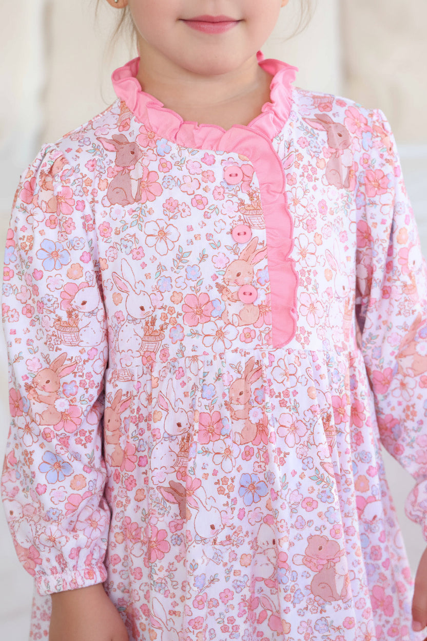 pink bunny and flower long sleeve ruffle nightgown for girls 