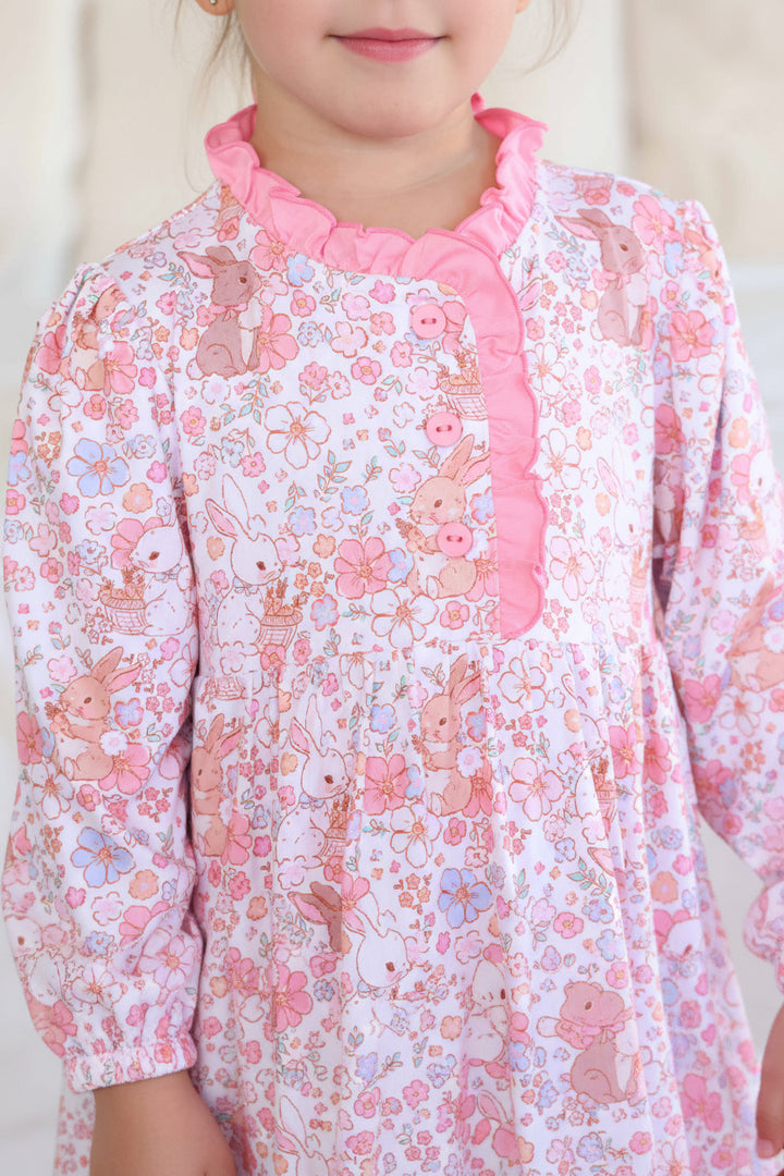 pink bunny and flower long sleeve ruffle nightgown for girls 
