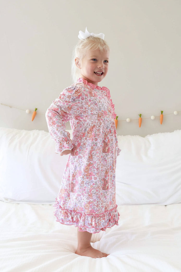 bunny blossoms frilly ruffle nightgown for girls with buttons on the chest 