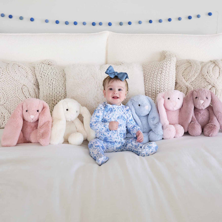 group of colorful bunny stuffed animals for kids and babies 
