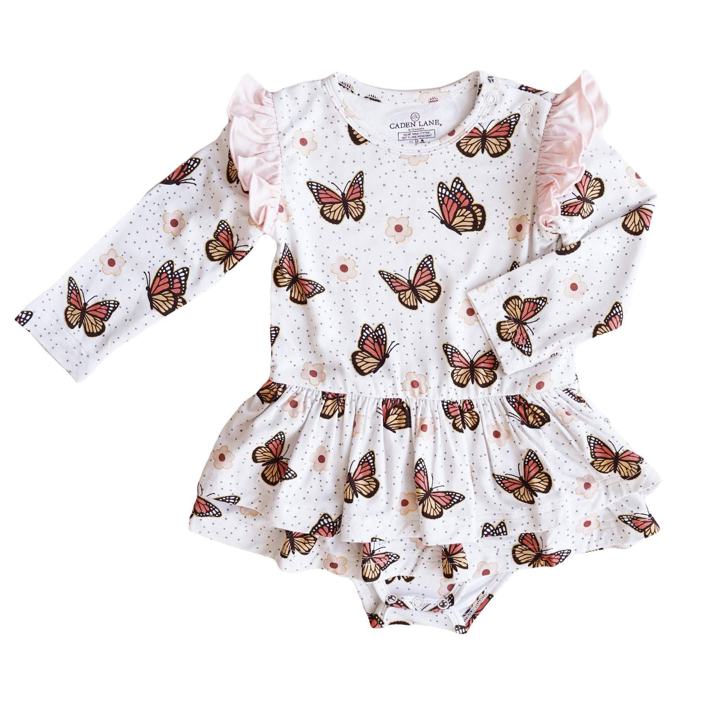 ruffle skirt bodysuit for babies with butterflies and gold foil 