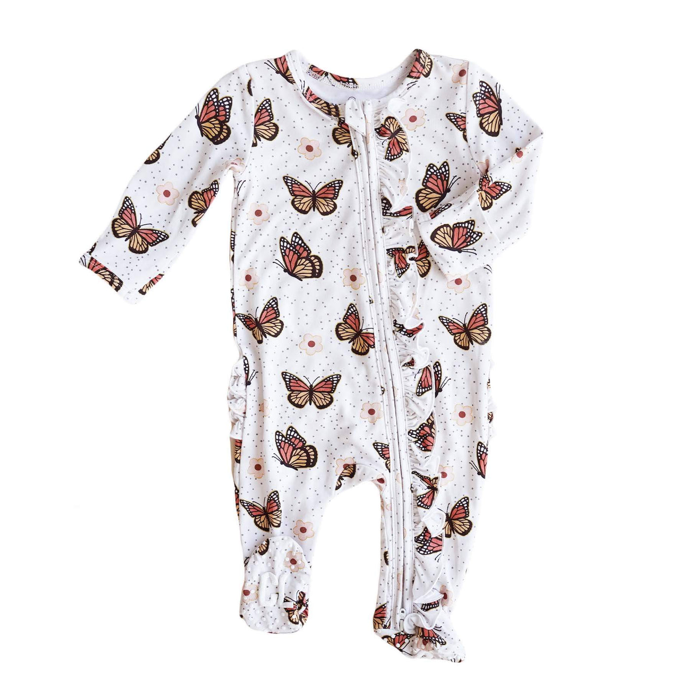 butterfly kisses ruffled baby footie white 