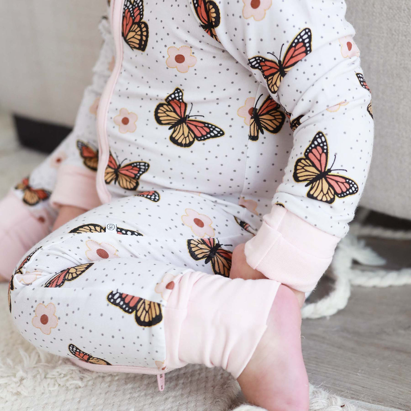 convertible zip romper for babies with butterflies and gold foil 