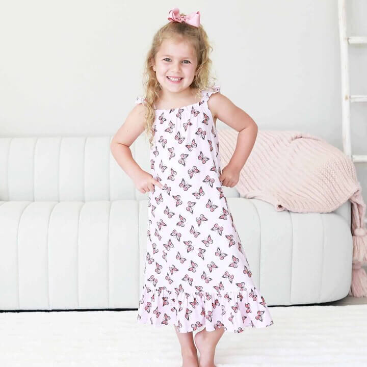 girls full length nightgown with ruffles and butterflies
