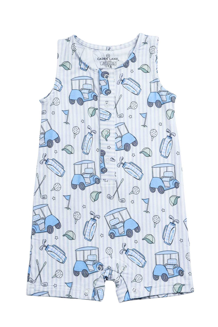 sleeveless snap romper in caddie crew blue print