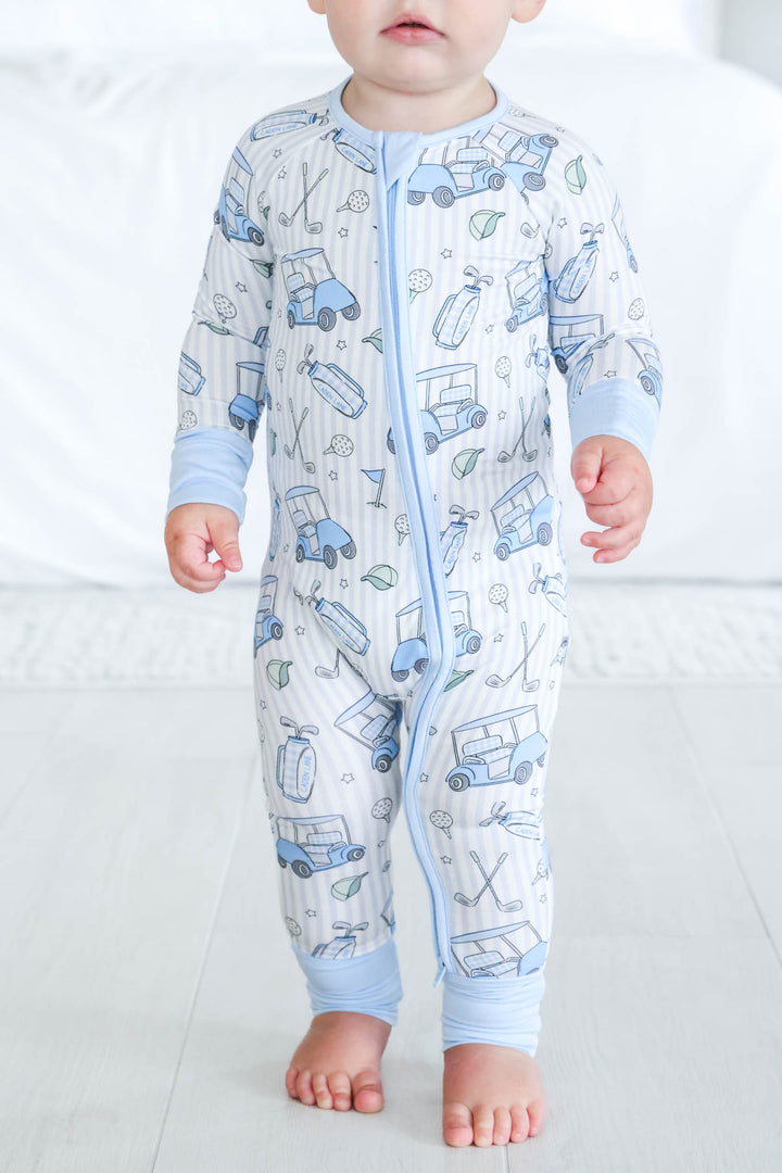 blue golf pajama romper for boys