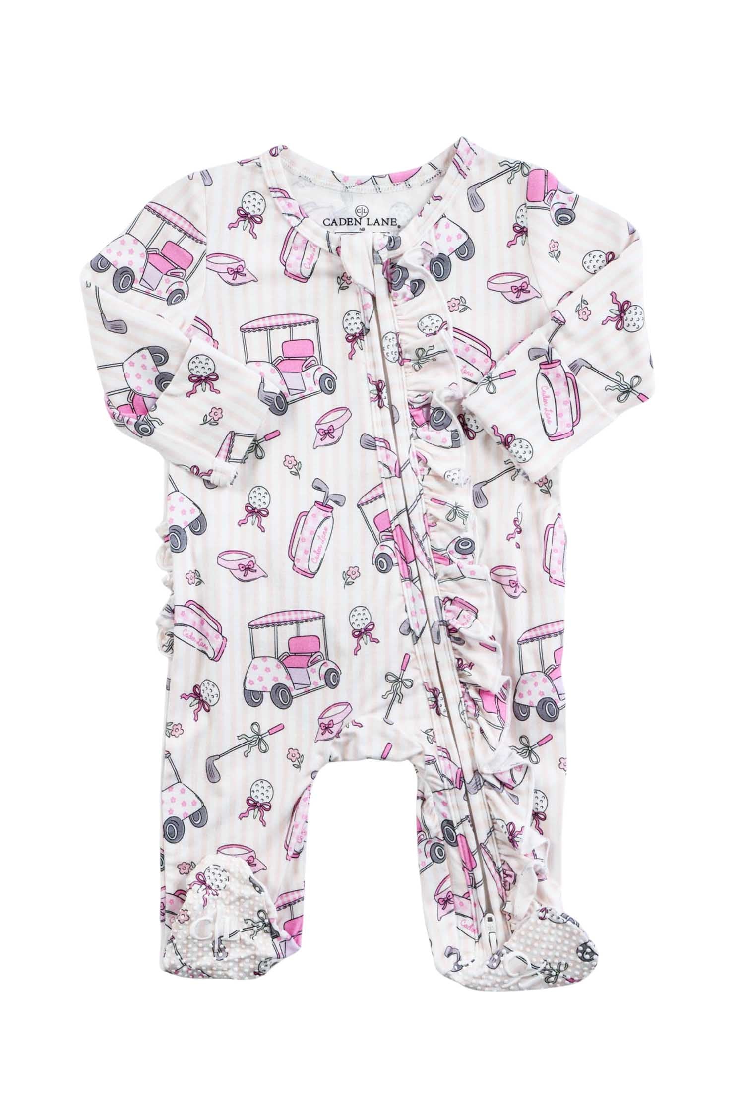bamboo ruffle zipper footie caddie crew pink