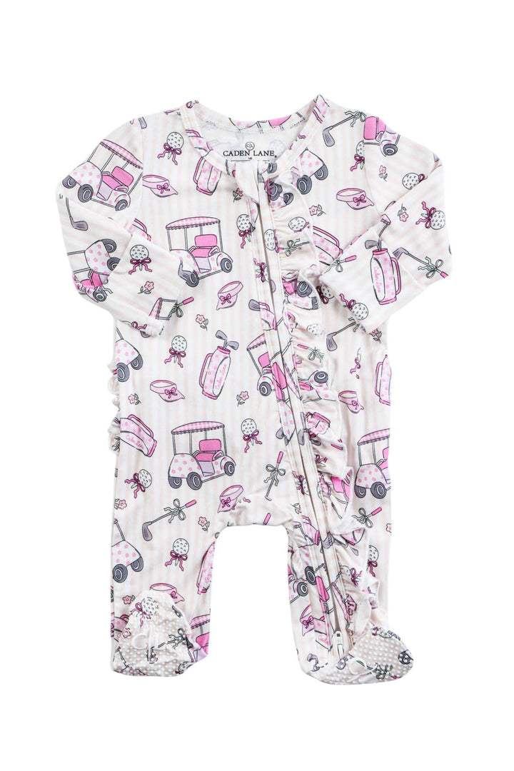 bamboo ruffle zipper footie caddie crew pink