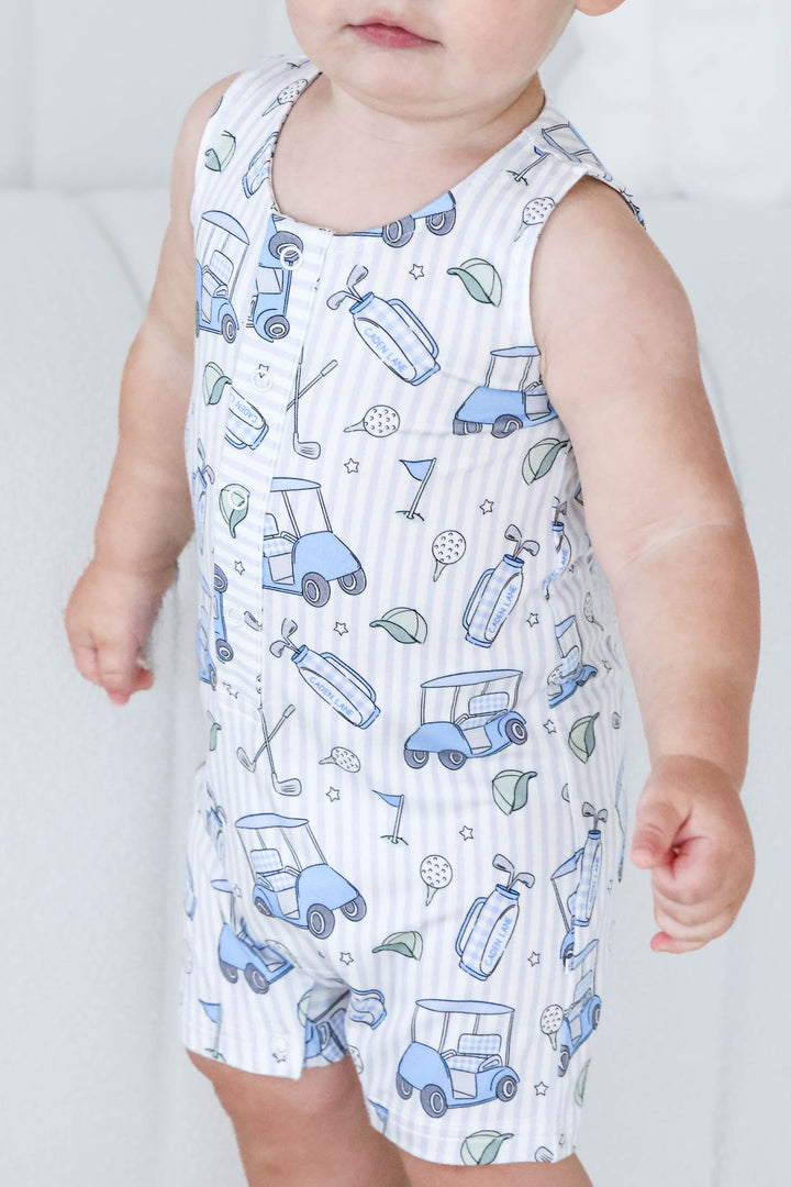 closeup of caddie crew blue snap romper