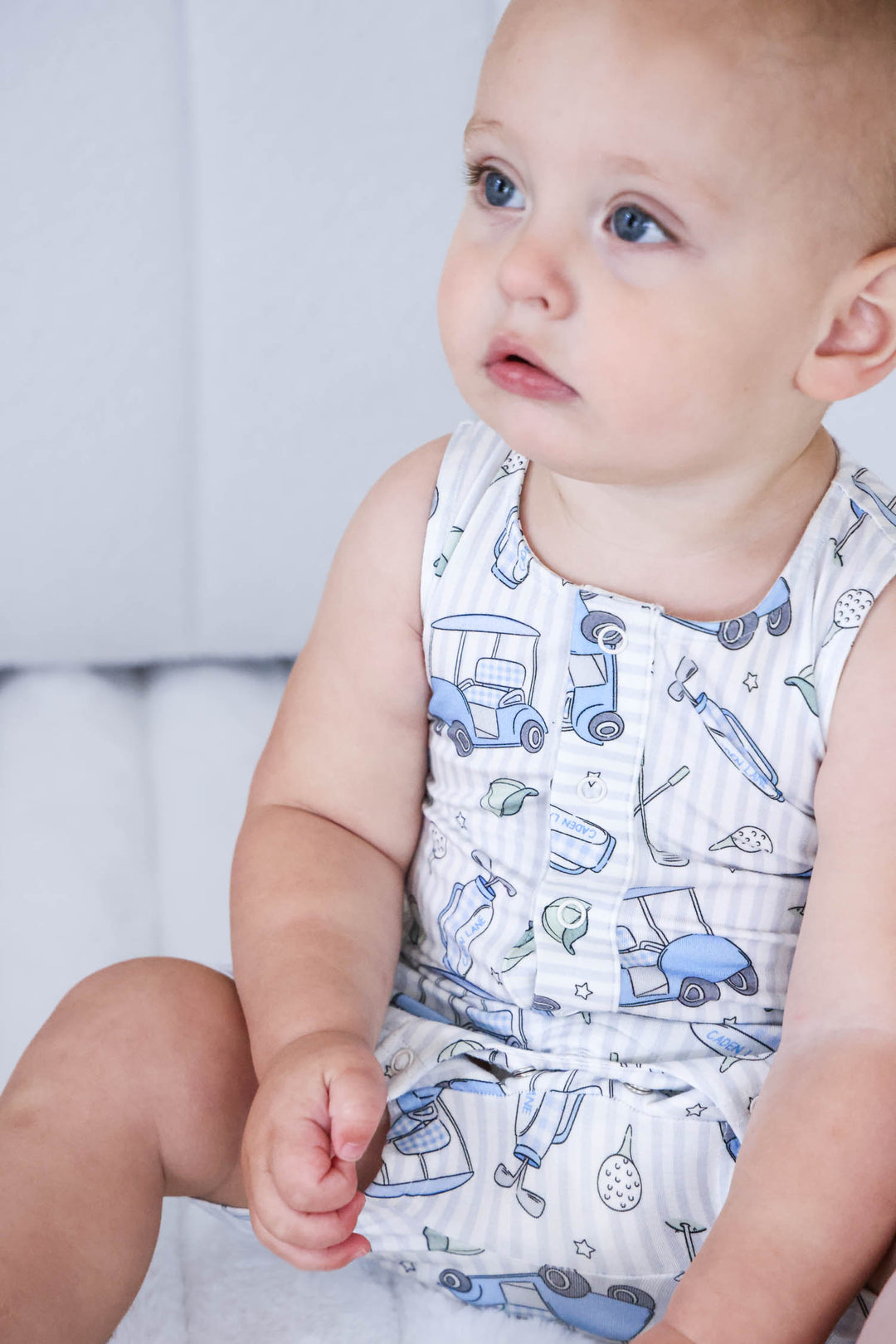 preppy golf blue bamboo snap romper