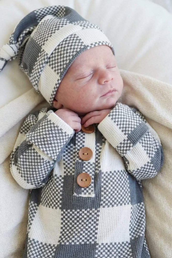 Caden Lane Big Check Bamboo Waffle Newborn Baby Knot Gown & Hat Set | Denim — Baby Bamboo Apparel