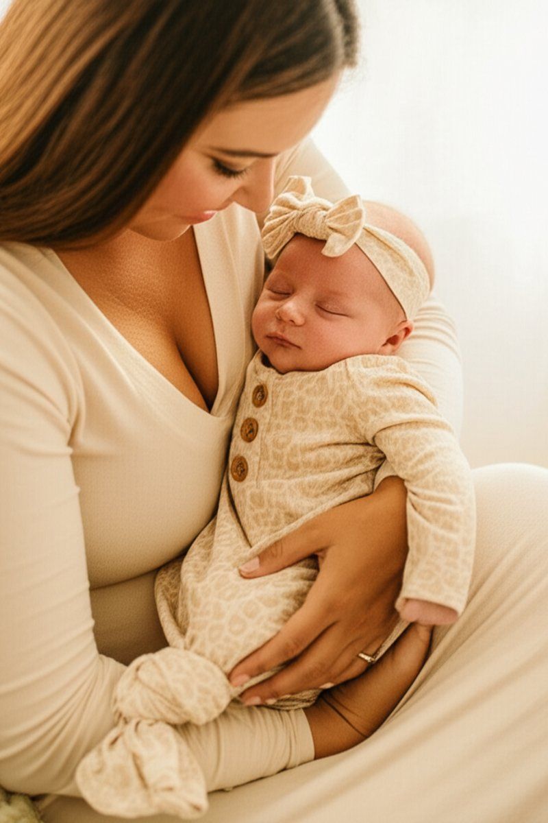 Caden Lane Lovely Leopard Bamboo Waffle Newborn Baby Knot Gown & Hat Set — Baby Bamboo Apparel