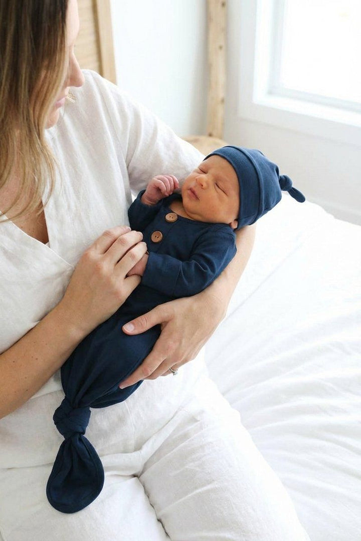 Caden Lane Solid Dark Navy Bamboo Baby Knot Gown & Hat — Baby Bamboo Apparel