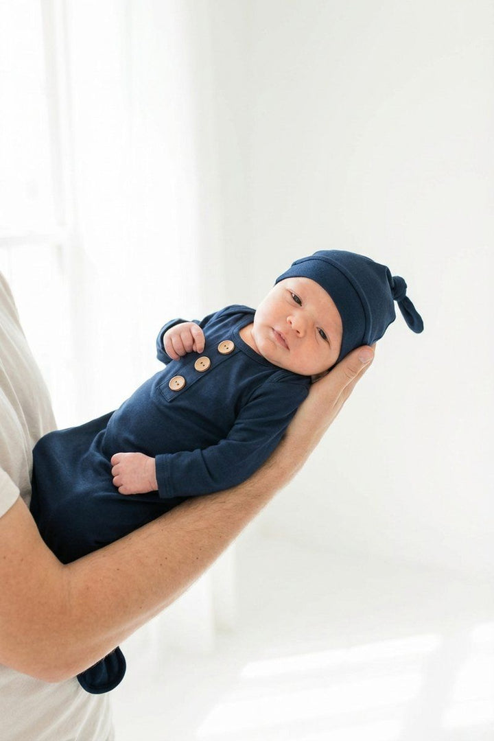 Caden Lane Solid Dark Navy Bamboo Baby Knot Gown & Hat — Baby Bamboo Apparel