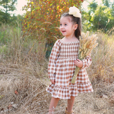 camel gingham dress for girls with long sleeves smocked