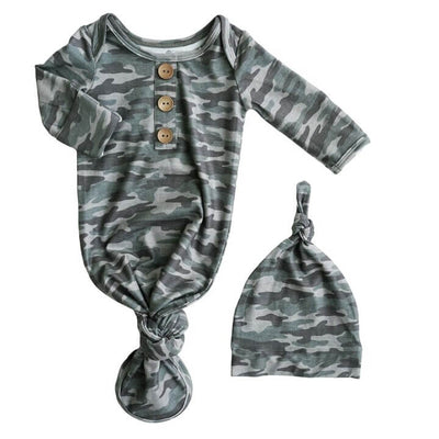 green camo knot gown for newborns