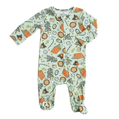 camping themed zipper footie for babies 