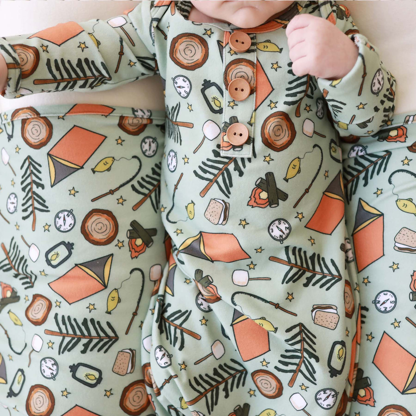 cozy camper newborn knot gown and hat set 