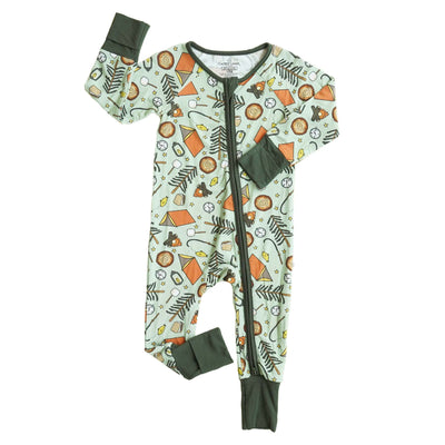 camping themed convertible zip romper for babies and toddlers