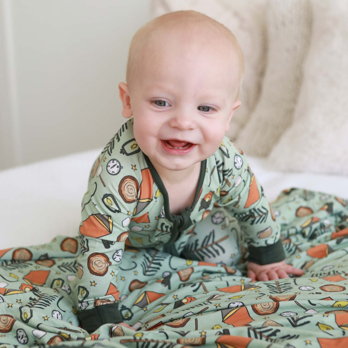 green camping themed convertible zip romper for babies 