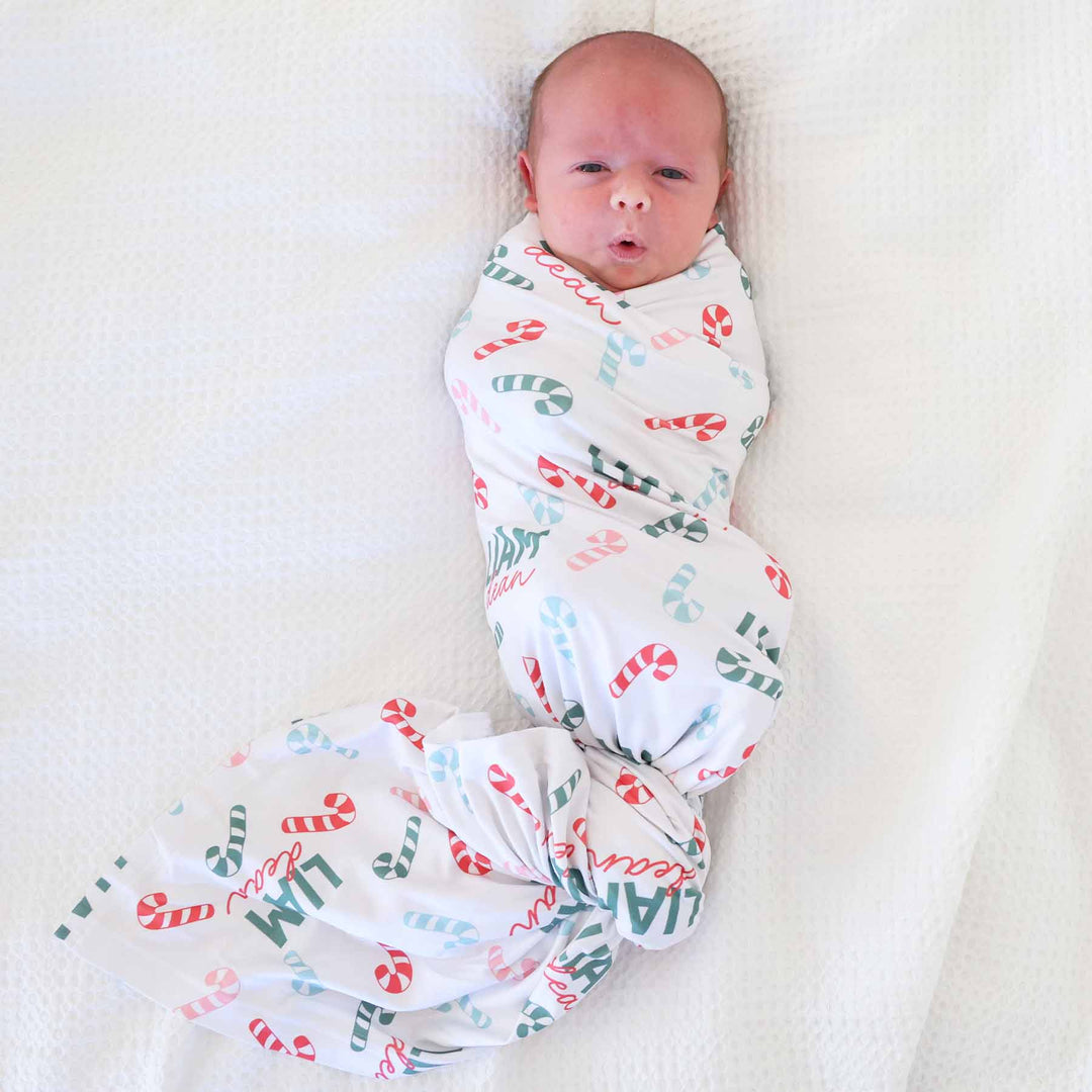 multicolor candy cane personalized swaddle for babies 