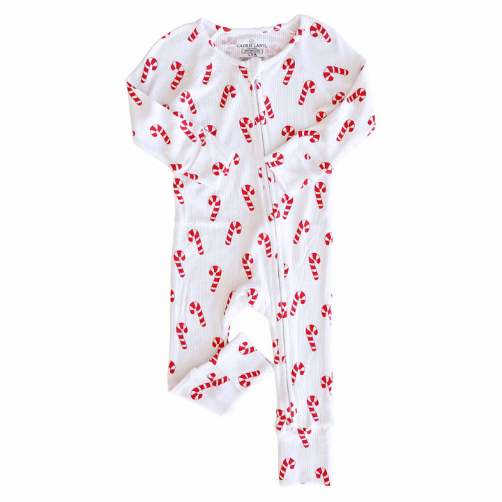 gender neutral candy cane pajama romper for christmas 