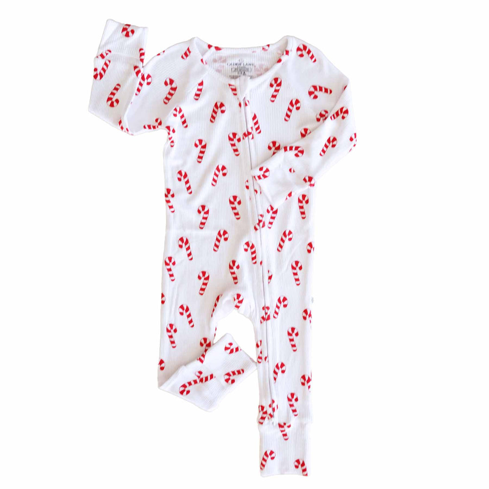 convertible zip romper for babies with candy canes 