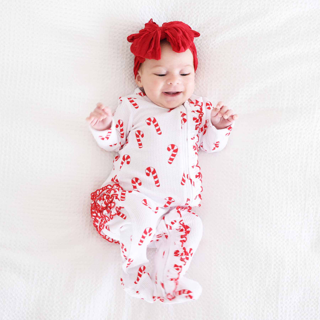 christmas ruffle footie for babies with candy canes