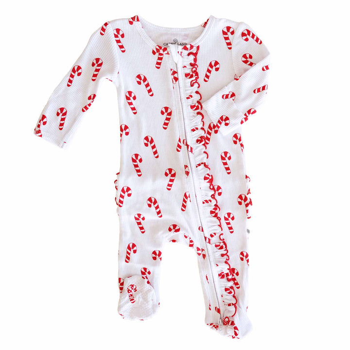 candy cane baby zipper footie with ruffles 