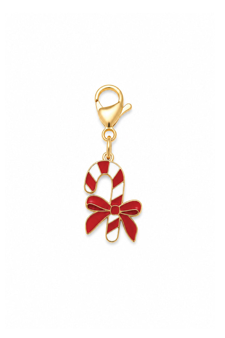 Lane & Leash candy cane bow charm collar accessory with gold ring with lobster clasp and enamel candy cane charm with red bow