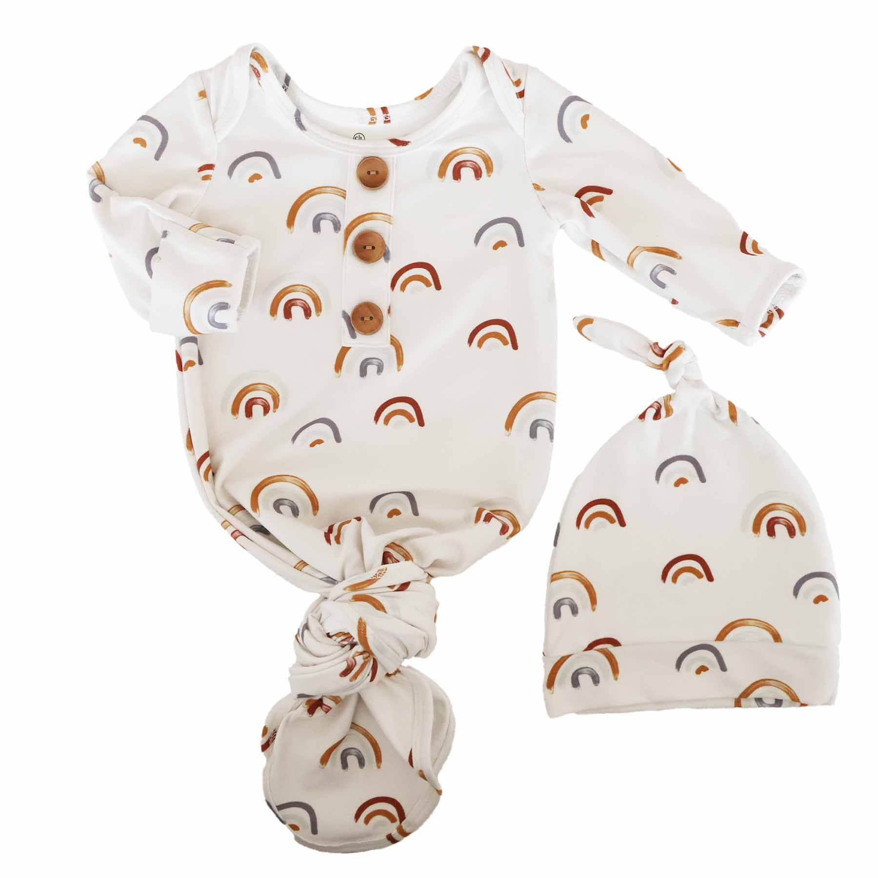 rainbow doodle print babies knot gown with matching hat
