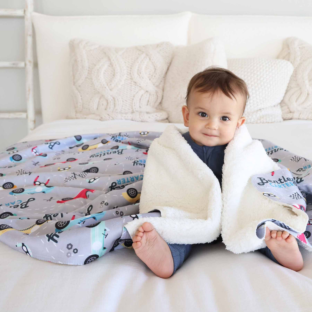 race car themed sherpa blanket for boys personalized with name 