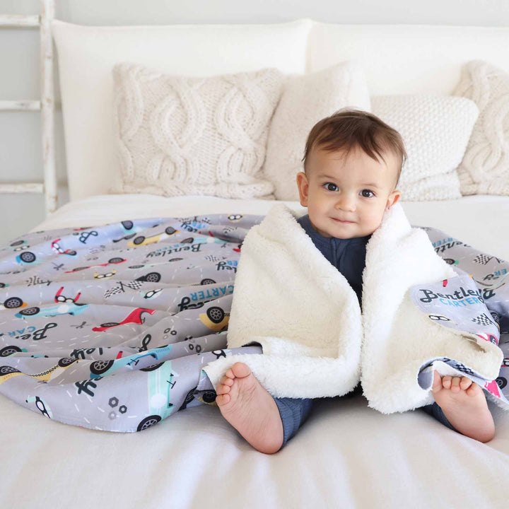 race car themed sherpa blanket for boys personalized with name 