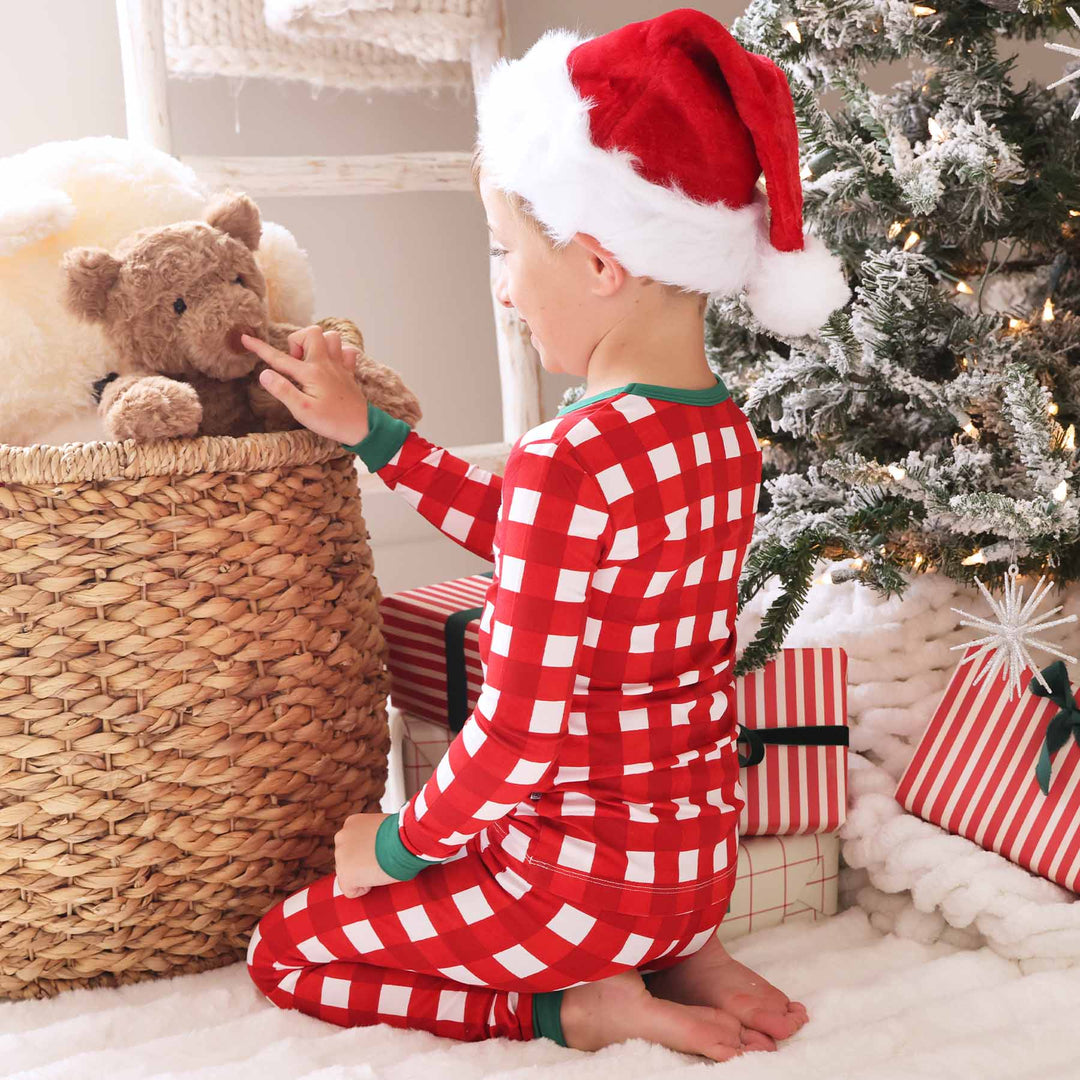 red and white check two piece pajama set for kids gender neutral