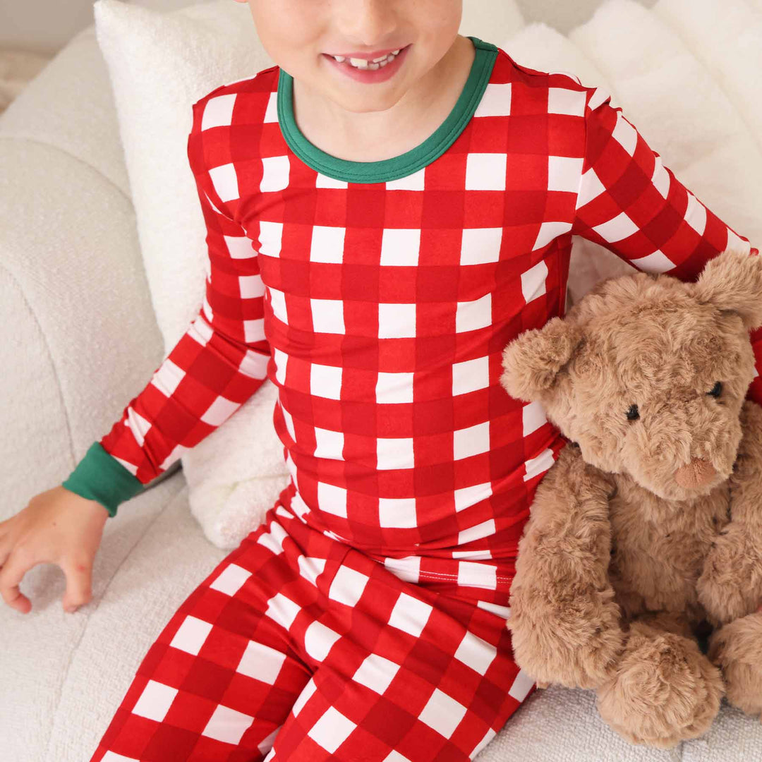 red and white check with green trim two piece bamboo pajama set for kids 