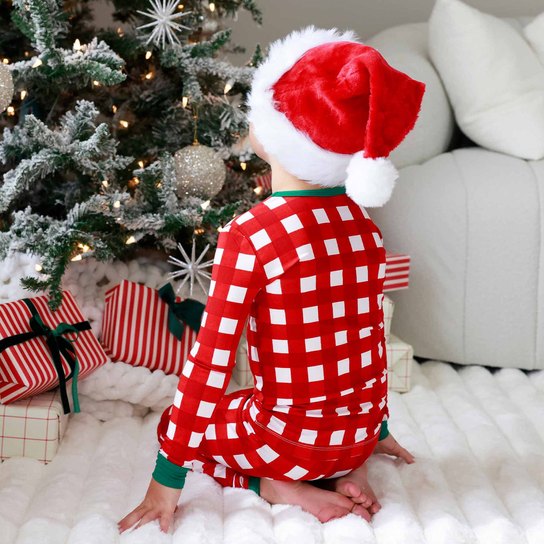 red and white check and green trim two piece pajama set for kids 