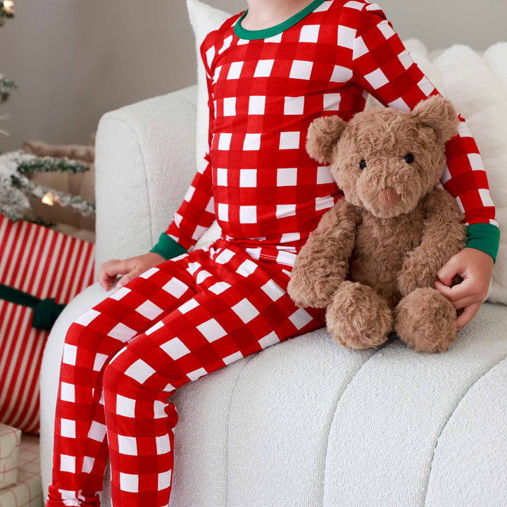 kids red and white check pajama set for kids with green trim 
