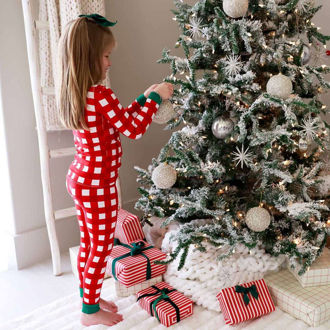 checking it twice red and white christmas pajamas for kids with green trim