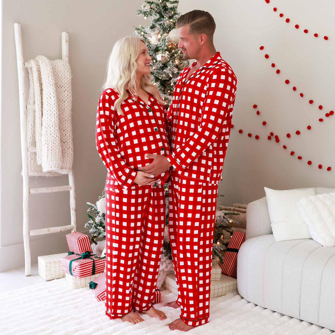 red and white check unisex adult lounge check with collar and button details 